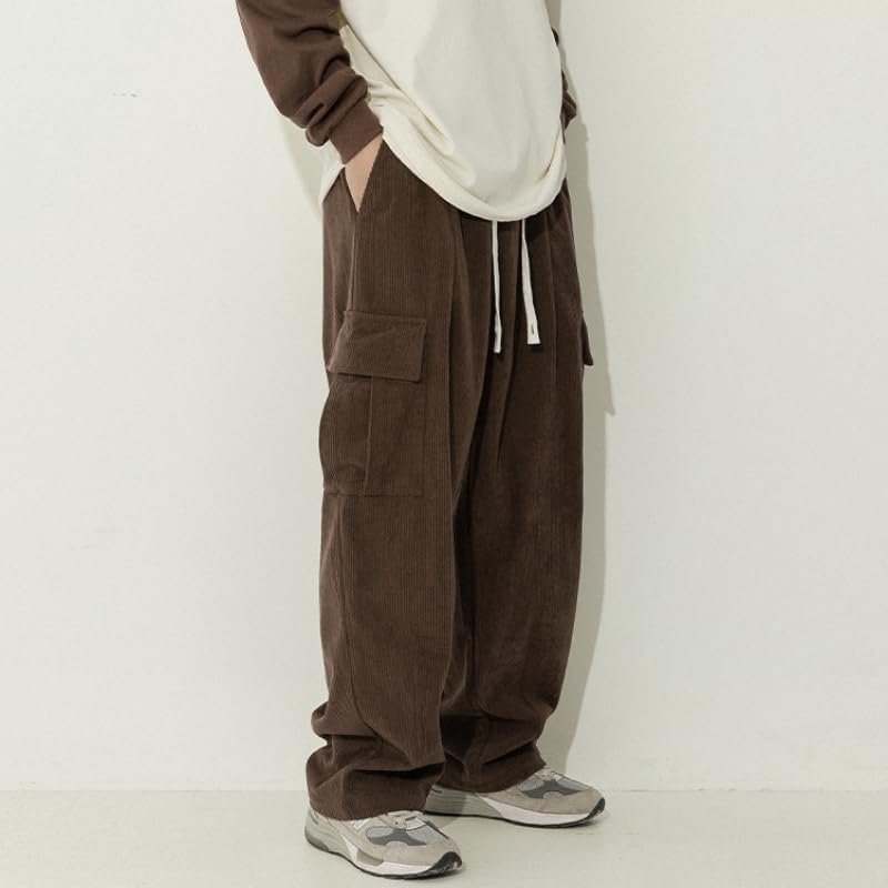 POHADON Mens Casual Corduroy Pants Elastic Waist Drawstring Y2k Sweatpants Casual Baggy Straight Cargo Pants Streetwear3