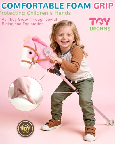 Image of Pink Stick Horse, Adjustable Height Plush Hobby Horse Stick Toy for Girls with Flashing Wheels & Realistic Neigh Sounds Birthday Gift Riding Pretend Play Toy Ages 4+