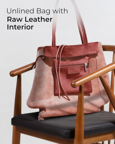 Image of Genuine Italian Leather Tote Bag for Women, Large Slouchy Purse, Terracotta | Unstructured bag, raw unlined interior with zip pocket, top zipper, side ties, folds flat, fits a 16-inch laptop, lightweight