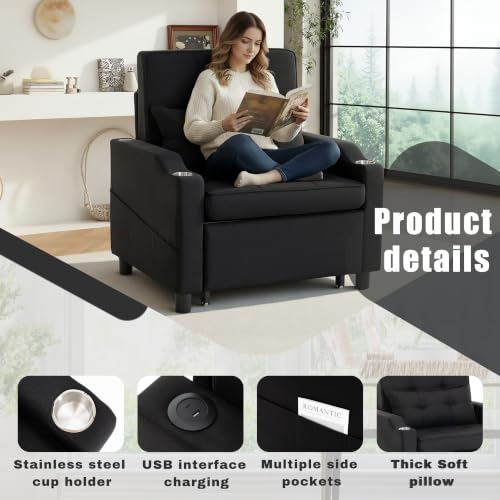 Image of Sleeper Chair,Single Armchair Sofa with Pillow,Adjustable Backrest Recliner Sofa Modern Pull Out Couch Bed with USB Port Cup Holder Side Pocket for Living Room Bedroom(Black)