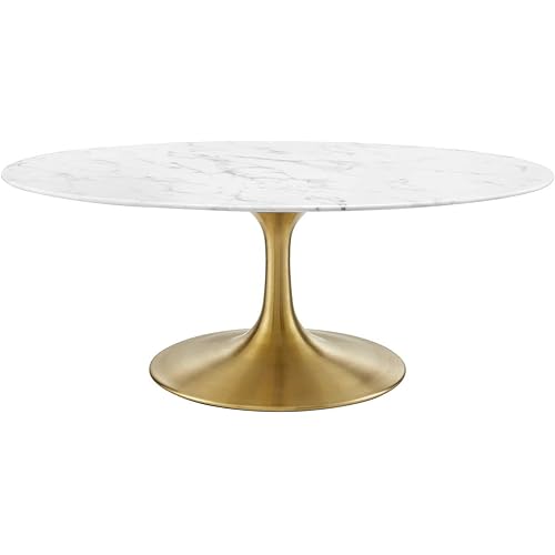 Modway Lippa Mid-Century Modern 42" Oval Artificial Marble Coffee Table in Gold White