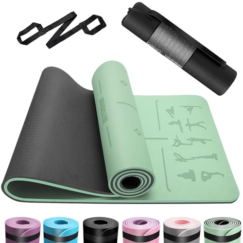 OUTDOUSE Yoga Matte, TPE Yogamatte Rutschfest Hautfreundliche Gymnastikmatte mit Ausrichtungslinien Sportmatte Dicke 6mm, Fitnessmatte Turnmatte Pilates Matte mit Tragegurt 183x61cm