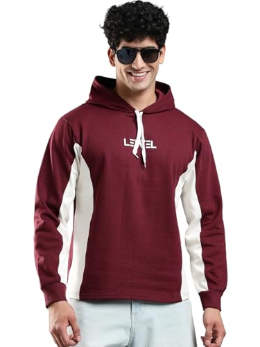 Image of LEWEL Men's Stylish Hooded Colorblock Cotton Fleece Sweatshirt (Maroon, Off White)