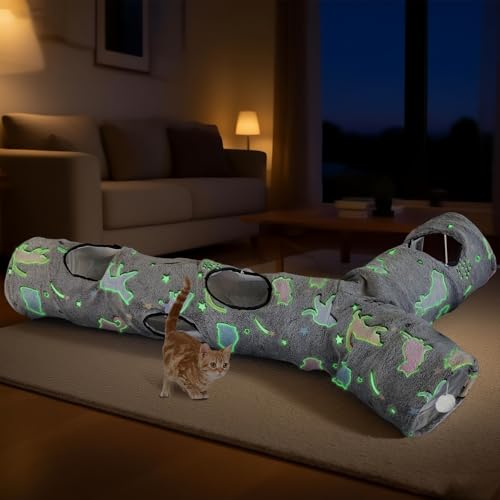 Image of Cat Tunnel for Indoor Cats,Tree Trunk Cat Tunnels with Plush Ball Toys Collapsible,Stars, Moon Shape Self-Luminous, for Indoor Cats,Pets Bunny Rabbits, Kittens, Ferrets