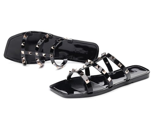 Image of Women Flats Sandals, Studded Jelly Shoes Size 9 Red Dressy Summer Beach Rivets Strappy Jellies Slide Slip On Open Toes