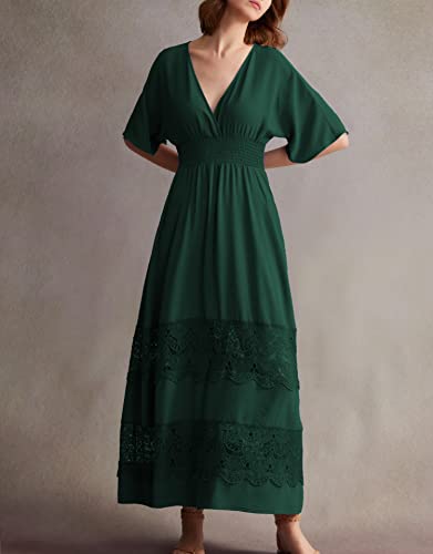 Image of Olaesa Boho Maxi Dress V Neck Short Sleeve Lace Smocked Waist Flowy Dress | Wedding Guest Dress with Pockets, Summer Bohemian Vacation Dress, Elegant Party Dress for Family photo& Baby Shower