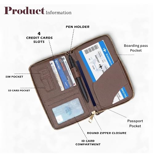 Image of Mensch Faux Leather Travel Passport Holder, RFID Blocking Premium Travel Document Organiser with Secure Zipper Closure Passport Cover & Travel Accessories for Men & Women (L.Brown)