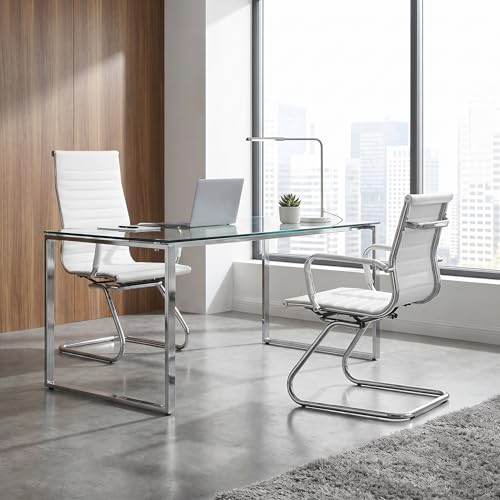 Image of HNY Leather Office Guest & Reception Chairs Set of 2, Modern Waiting Room Chairs with Arms, Desk Chair no Wheels with Sled Base for Waiting Room /Conference Room, White