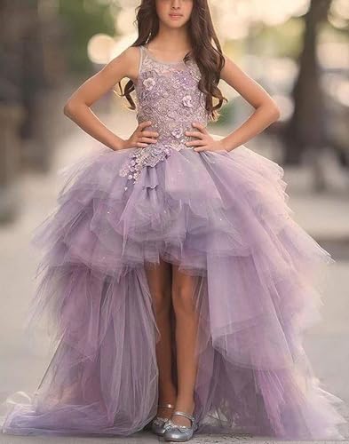 High Low Flower Girl Dress Tulle Laces Applique Pageant Dress Ruffles A Line Communion Gown TZ042