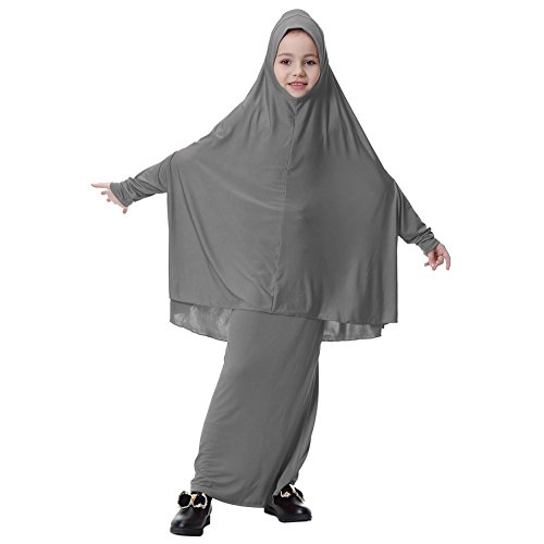 Weixinbuy Little Girl Muslim Abayas + Hijab 2PC Maxi Jersey Dresses Robe Abaya Islamic Clothing (7-8 Years, Grey)