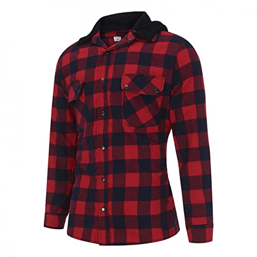 Burband 2021 Mens Casual Flannel Shirts Long Sleeve Button Down Sweatshirts Drawstring Plaid Hoodie Jackets With Pockets Red, 3X-Large #TOP1