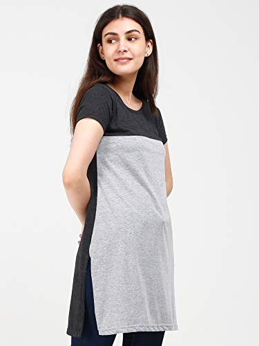 Image of FLEXIMAA Women's Cotton Round Neck Color Block Half Sleeve Long Top