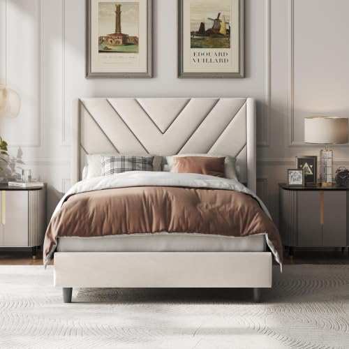 Image of Yaheetech Twin Bed Frame Upholstered Platform Bed /Wooden Slat Support /Tufted Headboard with Wing Side /Mattress Foundation /No Box Spring Needed,Beige Twin