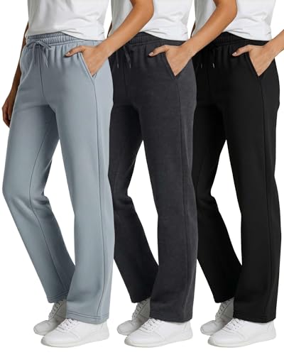 Image of Real Essentials 3 Pack: Women's Relaxed Fit Fleece Open Bottom Sweatpants - Casual Athleisure (Available in Plus)