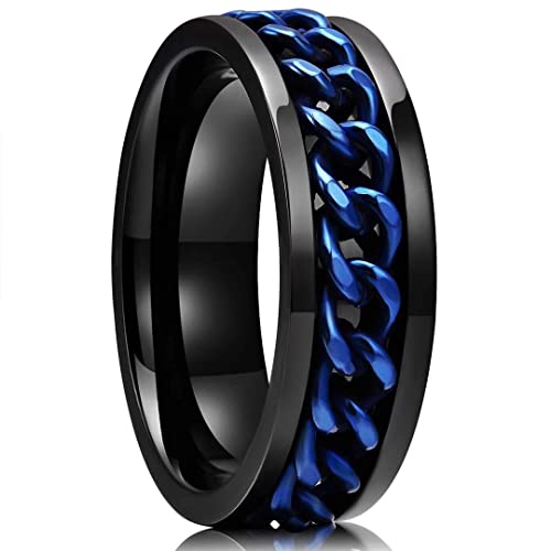 Image of King Will Black /Blue Stainless Steel 8mm Rings for Men Center Chain Spinner Ring, Size 7-14