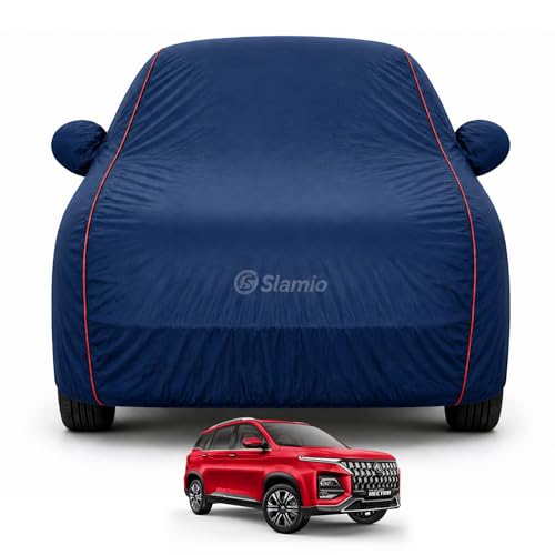 Image of Premium 100% Waterproof Car Cover for MG Hector Plus Model All-Weather, UV & Dust Protection | Heavy-Duty 3-Layer Fabric | Custom Fit with Mirror & Antenna Pockets | Navy Blue
