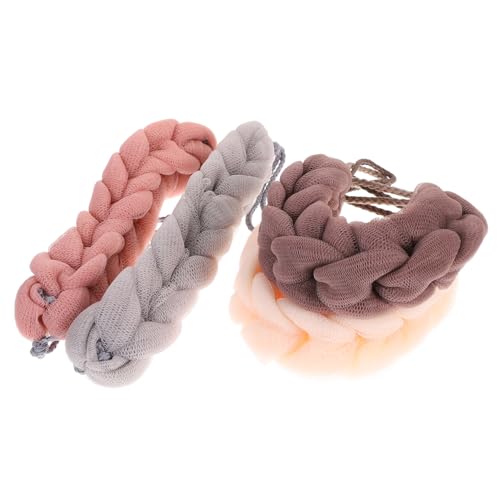 OSOLADY 4Pcs Bath Sponge Pouf Hand Held Weave Shower Tool for Exfoliating Skin Includes Grey Pink Beige Khaki Colors for Daily Bathing Care