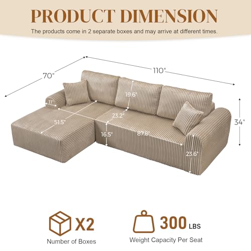 Image of 110 inch L Shaped Boneless Sectional Couches for Living Room, Comfy Corduroy Floor Cloud Sofa with Chaise, Wide Armrest, Deep Seat, Memory Foam, Assembly Free, Ideal for Small Spaces, Brown