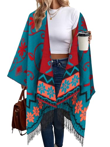 Breezy Lane Ponchos para mujer con estampados, envolturas de chal con frente abierto, ruana tejida, capa y manta oversize, cárdigans para otoño e invierno, Altoa única
