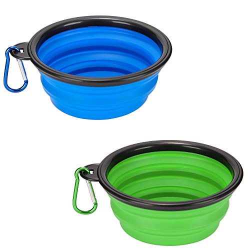Emoly 2 Pack Large Size Collapsible Dog Bowl, Food Grade Silicone BPA Free, with Carabiner Clip Foldable Expandable Cup Dish for Pet Cat Food Water Feeding Portable Travel Bowl (Blue & Green)