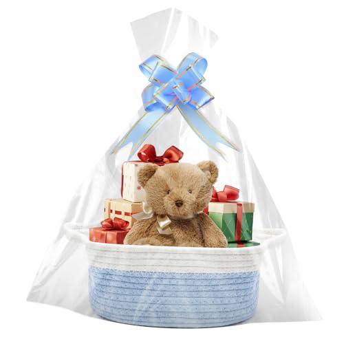 Cesta de presente vazia 30 x 20 x 12 cm, cesta trançada com sacos de presente e fitas, cesta de apresentação vazia para o Natal, aniversário, casamento, cesta de armazenamento, cesta decorativa (azul)