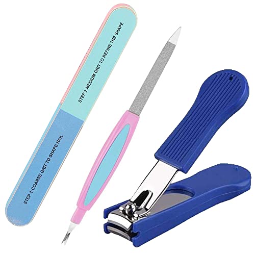 Calitate24 Nail File & Buffers Block Nail Care Kit Professional Manicure Pedicure Tool, 2-1 Nail Filer with Cuticle Remover and Stainless Steel Nail Clipper (Set of 3)