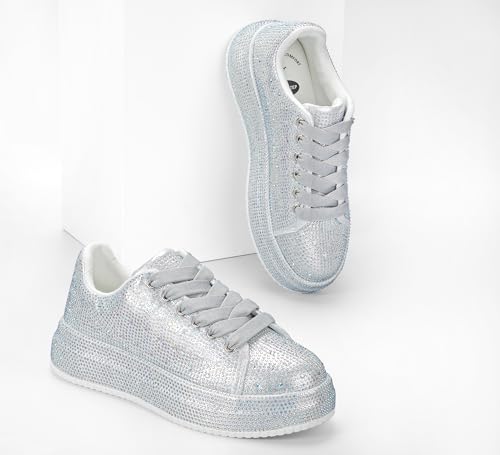 LUCKY STEP Rhinestone Sneakers for Women Platform Sparkly Glitter Bling Tennis Shoes Fashion Bedazzled Wedding Bridal Party Walking Sneakers4