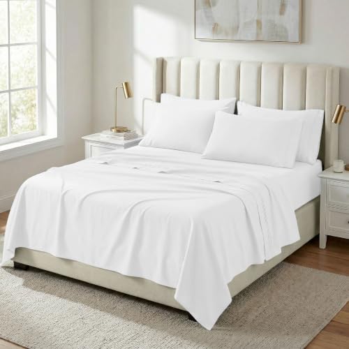 SUPERIOR Egyptian Cotton 4 Piece Sheet Set, Luxury 1500 Thread Count, Modern Design, Sustainable Sheets, Ultra-Soft Basics, Solid, Deep Pocket Fitted Sheet, Flat Sheet, Pillowcases, Full, White by SUPERIOR - Used condition - Image 2