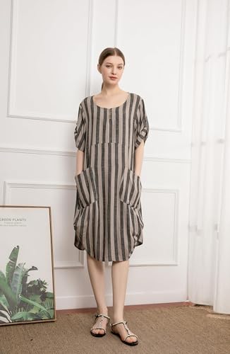 Minibee Women's Ruffle Oversize Casual Midi Dresses with Pockets Style 2 Black Stripe L - Thumbnail 2