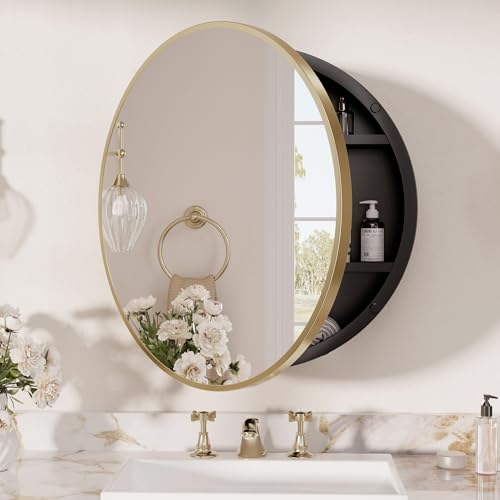 Image of TETOTE Gold Medicine Cabinet with Mirror Round Medicine Cabinets 20 x 20 for Bathroom Modern Bathroom Organizer with Shelves Adjustable Shelves Wall Mounted
