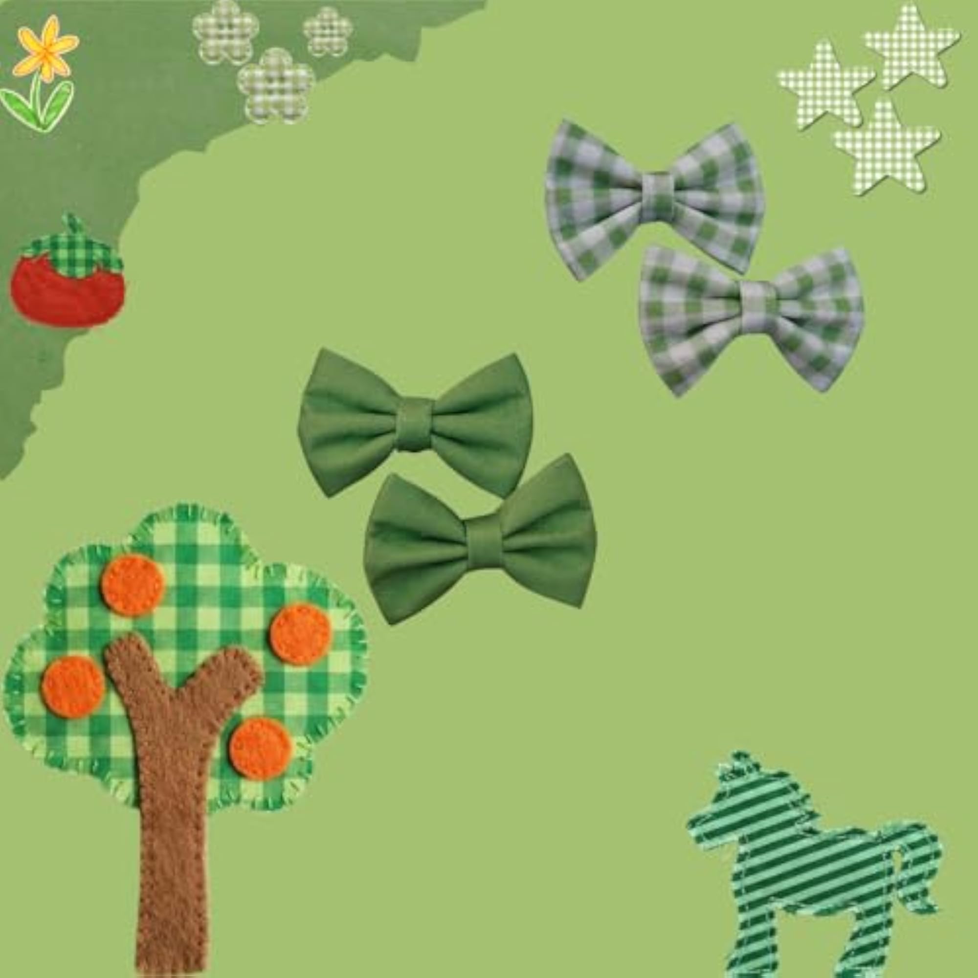 Green Checks Print and Plain Green Bow Combo Hair Clip, Handmade