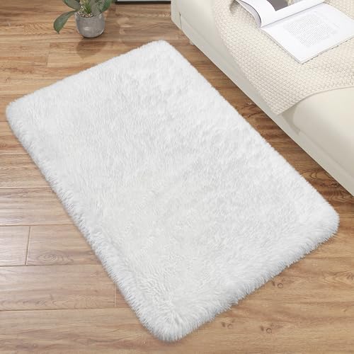Tapete pequeño peludo blanco 2x3 pies para dormitorio miniatura 3