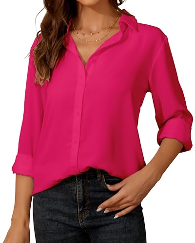 Damen Button-Down Shirts Langarm Kragen Tops Lady Work Office Chiffon Bluse