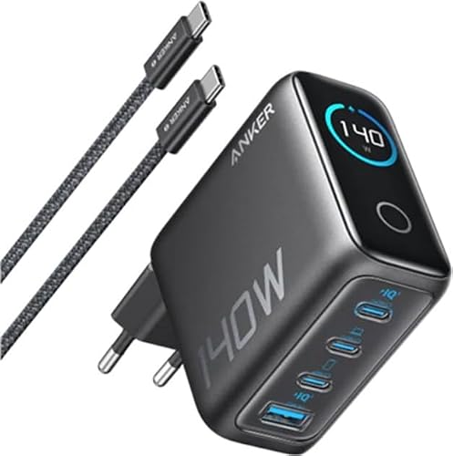 شاحن زولو للحائط بشاشة تعمل باللمس وقوة 140 وات بتقنية بي دي وجان مع 3 منافذ USB نوع C و1 منفذ USB نوع A ومتوافق مع آيفون وسامسونج وبيكسل وماك بوك وكروم بوك وايربودز وأكثر لون رمادي غامق، من انكر