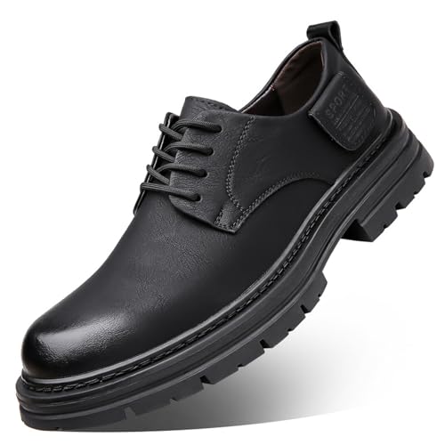 Men's Leather Lace Up Lug Sole Oxford Shoes Fashion Round Toe Hand Stitched Dress Sneakers Comfortable Non-Slip Softsole Casual Business Work Shoes