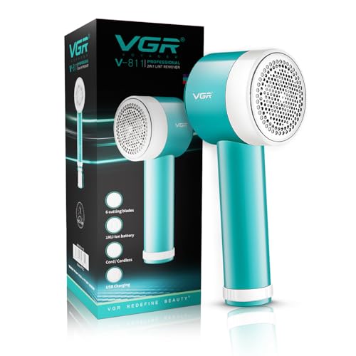 Image of VGR V-811 Professional 2-in-1 Lint Remover for Clothes | Rechargeable Fabric Fuzz Shaver with 6 Blades, USB Charging, 90 min Runtime, Corded & Cordless Use | Portable | Green