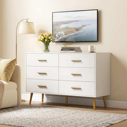 Image of White 6 Drawer Dresser for Bedroom, 47 inch Wood Dresser with Gold Handles.