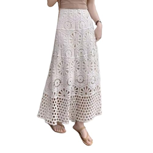 Women Vintage Hollow Out Crochet Knit Flower A Line Skirt Elastic High Waist Embroidery Beach Vacation Long Skirt
