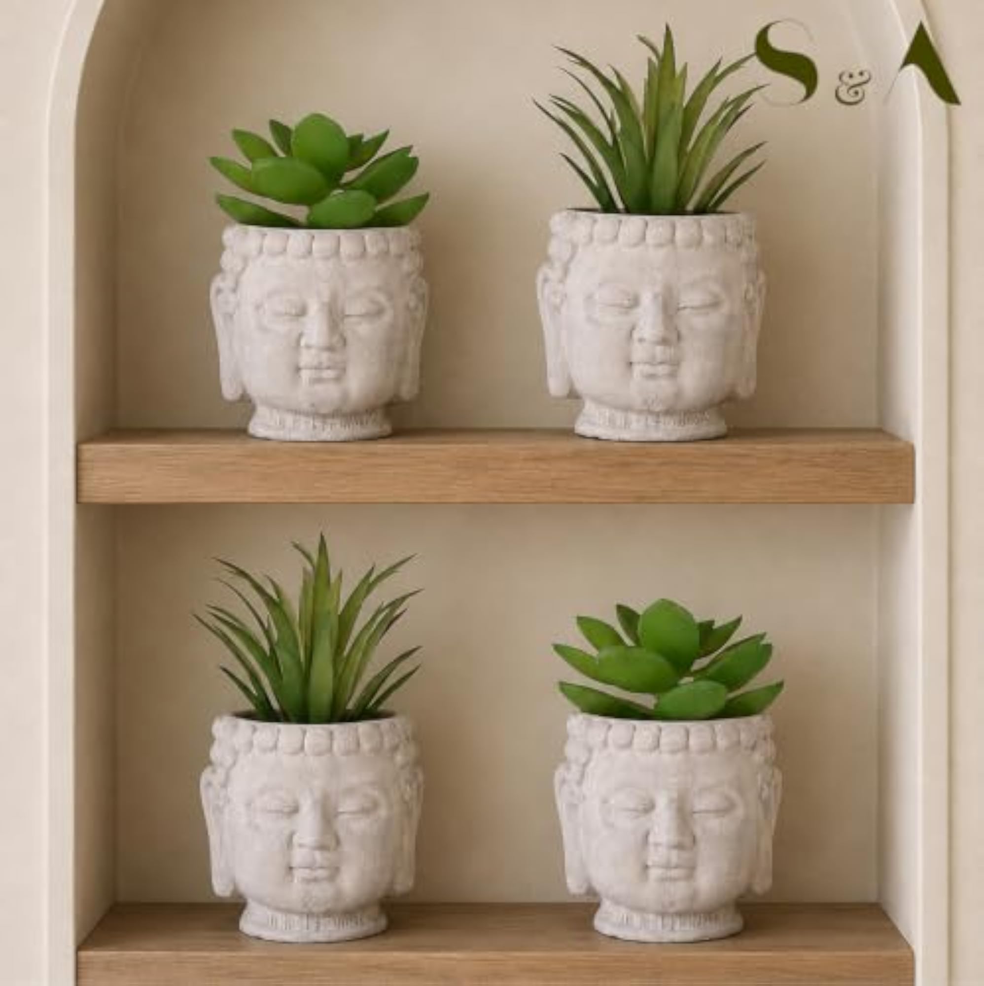 Small Artificial Succulent Plant Set with Buddha Face Pots