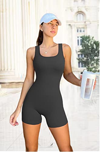 Hopyop Womens Rompers Workout Ribbed Square Neck Sleeveless Sport Black Romper For Women #TOP2