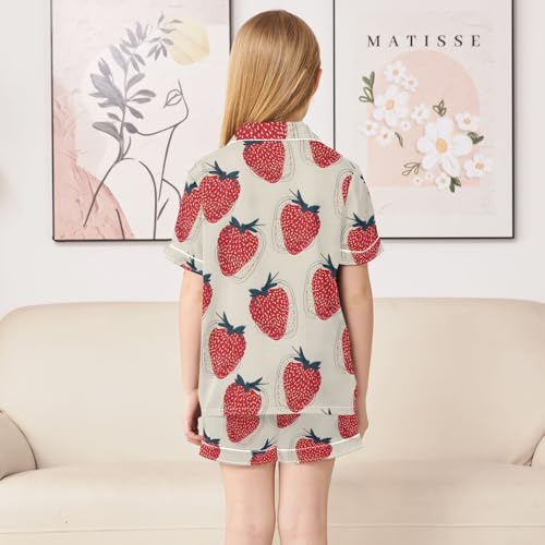 Red Strawberry Pattern Summer Satin Pajama Set, Cute Button-Down Sleepwear Pj Set for Sleep Wears4
