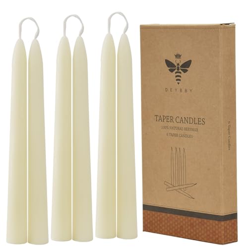 DEYBBY 8 inch Natural White Beeswax Taper Candles Set of 6 Smokeless and Dripless Pure Organic Beeswax Candles Bulk for Anniversary Wedding Dinner Home Decor Emergency Housewarming Gift 6-7Hrs Burn