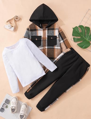 Image of Toddler Boy Clothes Plaid Hooded Shirt White T-shirt Top and Solid Color Pants 3Pcs Winter Boys Clothes