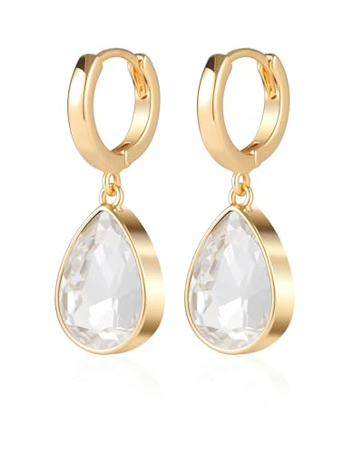 Gold Creolen Kristall Ohrringe für Damen – 18K Vergoldete Ohrringe Klein, Secroma Wassertropfen Ohrringe Hängend, Gold Schmuck Geschenke für Damen und Mädchen