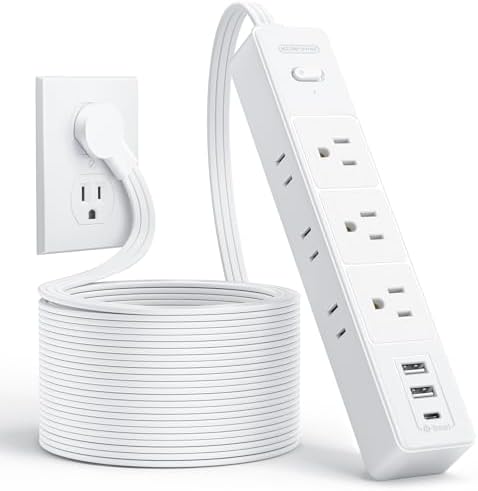 NTONPOWER Flat Extension Cord 15 ft, 1080J Surge Protector with Long Cord, 1625W Overload Protection, 6 Widely Outlets and 3 USB Ports(1 USB C), Ultra Thin Flat Plug Extension Cord for Home, Dorm Room