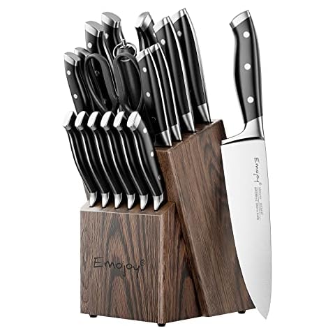 Emojoy Knife Set, 18-Piece Kitchen Knife Set with Block Wooden, Manual Sharpening for Chef Knife Set, German Stainless Steel Cover