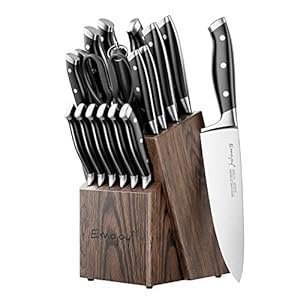 Emojoy Knife Set, 18-Piece Kitchen Knife Set with Block Wooden, Manual Sharpening for Chef Knife Set, German Stainless Steel