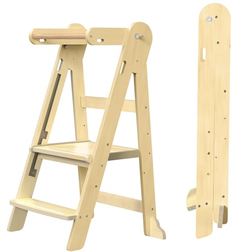 Image of Grownsy Foldable Step Stool Toddler Tower, Toddler Kitchen Stool Helper, Collapsible Kids Standing Tower with 3 Adjustable Heights for Kitchen Bathroom Sink Counter (Natural)