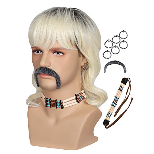 ColorGround Dyed Dark Root Blonde Wig With 6 Ear Clips Necklace and Mustache for Men