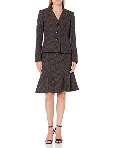 Le Suit Women's 3 Button V-Neck PIN DOT Novelty Jacket and FIT and Flare Skirt Suit, Black/White, 8